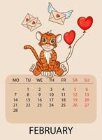 Plantilla de diseño de calendario para febrero de 2022, el año del tigre según el calendario chino, con una ilustración de tigre con bolas en forma de corazón. mesa con calendario para febrero 2022 vector