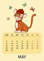 plantilla de diseño de calendario para mayo de 2022, el año del tigre según el calendario chino o oriental, con una ilustración de tigre con mariposas. mesa con calendario para mayo de 2022. vector