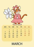 plantilla de diseño de calendario para marzo de 2022, el año del tigre según el calendario chino o oriental, con una ilustración de tigre con una hermosa flor. Mesa con calendario para marzo de 2022. vector