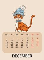 Calendar design template for December 2022, the year of the tiger according to the Chinese or Eastern calendar, with the image of tiger with warm blue hat. Table with calendar for December 2022.Vector vector