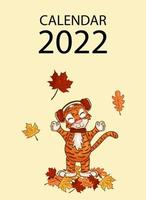 Plantilla de diseño de portada de calendario de pared para el año 2022, el año del tigre según el calendario chino u oriental. estilo de dibujos animados de ilustración vectorial. vector