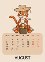 Calendar design template for August 2022, the year of the tiger according to the Chinese calendar, with an illustration of tiger with basket of apples and pears. Table with calendar for August 2022 vector