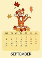 Calendar design template for September 2022, the year of the tiger according to the Chinese or Eastern calendar, with the image of tiger with autumn leaves. A table with calendar for September 2022. vector