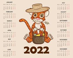 Calendar design template for 2022, the year of the tiger according to the Chinese or Eastern calendar, with an illustration of the tiger. Horizontal table with calendar for 2022. Vector