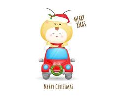 Cute baby santa in red car for merry christmas illustration Premium Vector