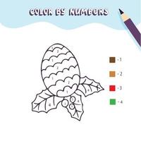 Coloring page with cute pine cone and holly. Color by numbers. Educational kid game vector