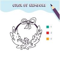 Coloring page with cute Christmas wreath Color by numbers. Educational kid game, drawing childrens activity, printable worksheet. vector