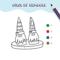 Coloring page with cute handdrawn gnomes. Color by numbers. Educational kid game, drawing childrens activity, printable worksheet. vector