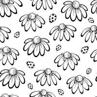 Simple flowers and ladybug. Monochrome seamless pattern. vector