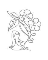 One continuous line drawing minimalist beauty nature cosmetic hairstyle. Flower bouquet in woman head abstract face concept. Wall decor print. Single line art draw design graphic vector illustration