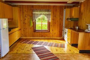 Cottage vacation interior decoration. Typical wooden kitchen in Norway photo