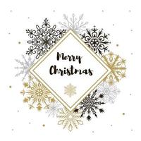 Square Merry Christmas and Happy New Year greeting card with beautiful golden and black snowflakes on white background. Christmas design for banners, posters, massages, announcements. Space for text vector