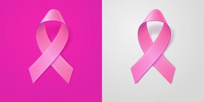Realistic Pink Ribbon on light pink and gray background. Breast cancer awareness symbol in october. Template for banner, poster, invitation, flyer. Vector illustration.