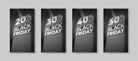 Set of vertical monochrome illustrations for sale and discount BLACK FRIDAY with volumetric letters. Twenty, thirty, forty, fifty percent off. Vector template for flyer, shop, business, cards, ad.