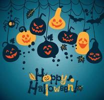 Halloween background of cheerful pumpkins with moon. vector