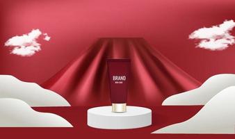Product display on realistic red podium with spotlights vector