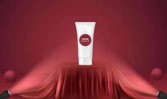 Product display on realistic red podium with spotlights vector