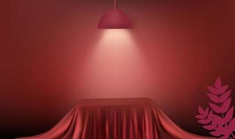 representación 3d abstracta para la exhibición. moderno, rojo, tela de seda, cubo, podio, plano de fondo, habitación vacía, con, lámpara, y, luz vector
