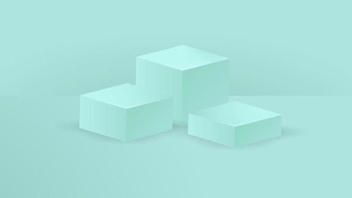 Set of light green square box pedestal podium. Cosmetic product display presentation. Minimal wall scene.