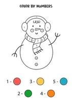 Color cute cartoon snowman by numbers. Worksheet for kids. vector