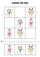 Sudoku game for kids with cute cartoon snowmen. vector