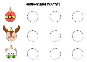 Tracing lines with cute cartoon Christmas balls. Writing practice. vector