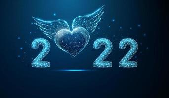 Tarjeta de felicitación abstracta de feliz año nuevo 2022 con corazón azul volador con alas. vector