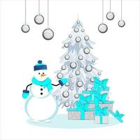 Funny snowman decorates a Christmas tree. Christmas tree and gifts. Vector illustration.