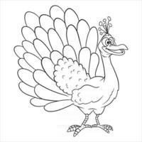 Carácter animal divertido pavo real en estilo de línea coloring book vector