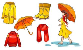 conjunto de otoño. chica con paraguas, bufanda, impermeable, suéter, botas de goma, paraguas. . vector
