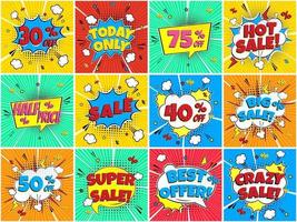 12 Special offer speech bubbles with comic lettering about SALE set in comic style flat design. Dynamic retro vintage pop art illustration isolated on white background. Hot sale, special offer etc... vector