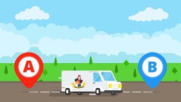 Fast delivery truck service on the road. Car van with landscape behind flat style design and map pins A and B vector illustration isolated on light blue background.  Symbol of delivery company.