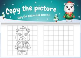 Copie la imagen del juego para niños y la página para colorear con un lindo oso polar usando un disfraz de Navidad vector