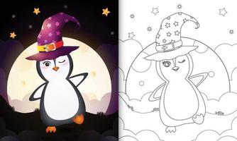 libro para colorear con una linda caricatura de halloween bruja pingüino frente a la luna vector