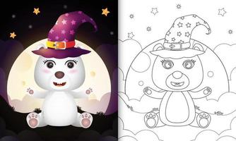 libro para colorear con una caricatura linda bruja de halloween oso polar frente a la luna vector
