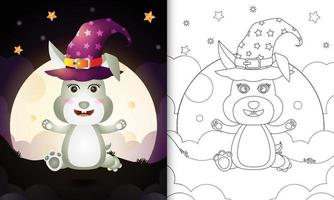 libro para colorear con una linda caricatura de halloween bruja conejo frente a la luna vector