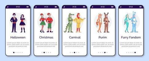 People dressed in animal costumes onboarding mobile app screen vector template