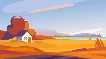 paisaje otoñal con casa en la orilla del río. vector