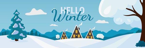 hola banner de invierno con paisaje de campo vector