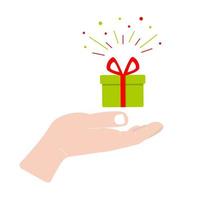 Hand holds gift box. Congratulation concept. Flat icon vector illustration isolated on white background