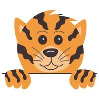 The head of a small tiger cub with paws, cute animal, symbol of the year, isolated on white background. Flat vector illustration