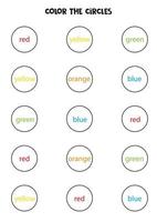 Color the circles. Educational worksheet for learning colors. vector