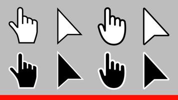 8 flechas en blanco y negro, sin píxeles, ratón, cursores de mano, iconos, conjunto de ilustraciones vectoriales, diseño de estilo plano aislado sobre fondo blanco. vector