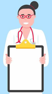 Close-up doctor holding a clipboard without text for stories. Paper for writing or useful information flat style design isolated on light blue background. Female woman, hospital employee, stethoscope.