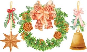 Christmas wreath decoration elements illustrations watercolor styles vector