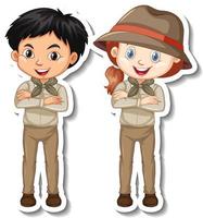 par de niños en traje de safari pegatina de personaje de dibujos animados vector