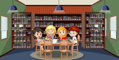 Interior de la biblioteca escolar con grupo de niños. vector