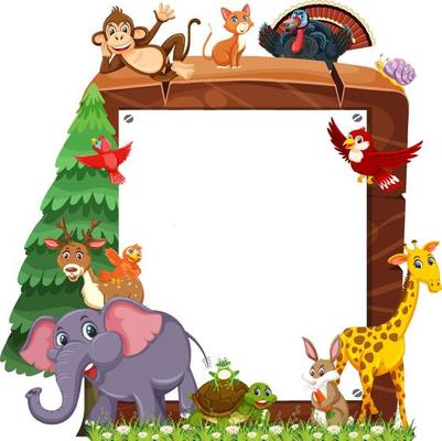 Empty wooden frame with various wild animals