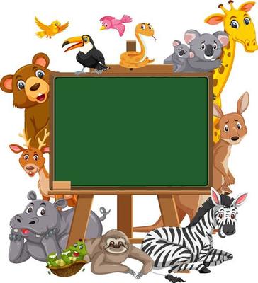 Empty blackboard with various wild animals