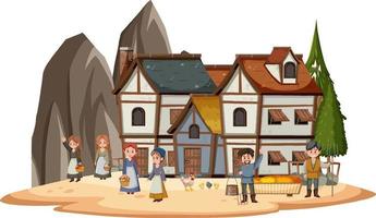 Ancient medieval village with villagers vector
